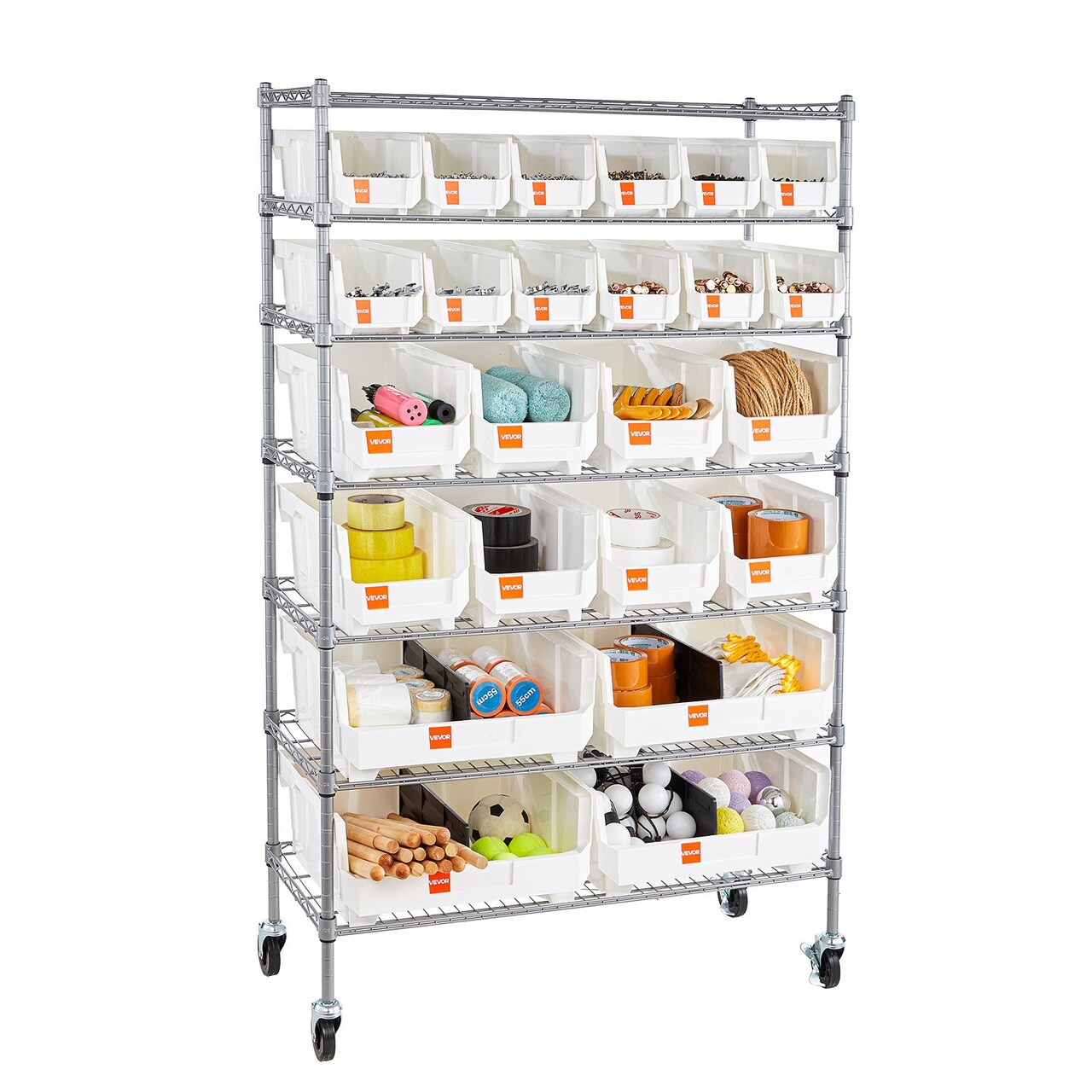 Rolling Bin Storage Rack with Organizer Bins Steel Wire Shelf on Wheels